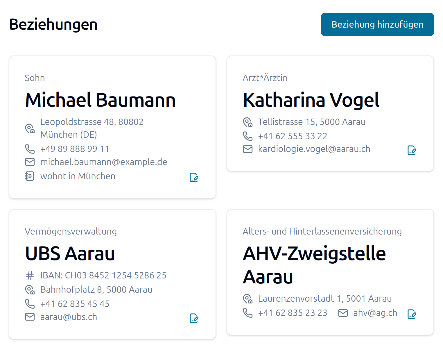 Beziehungen und Kontaktpersonen