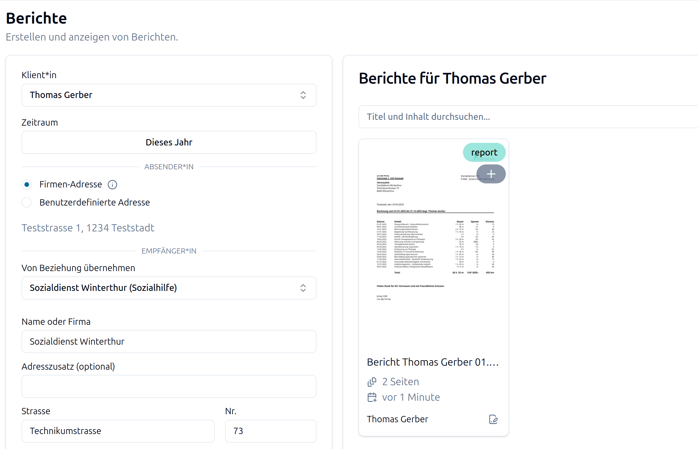 Berichte generieren Screenshot